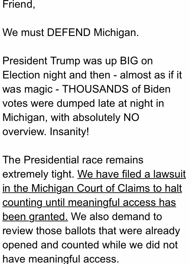 Just been looking through the emails I got from the Trump campaign in the last day and they are seriously unhinged. Make no mistake about it - this is an attempted coup. Here is a selection:
