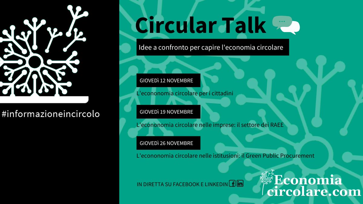 EcoCircolareCom's tweet photo. 📅 Da questa settimana lanciamo un nuovo appuntamento: i #CircularTalks di https://t.co/hfLsg6Flta.
Si parte giovedì 12 Novembre alle 18 con il dibattito in live streaming su FB “L’#economiaCircolare per i cittadini”
Per info➡️ https://t.co/cCUA6qAB7Z
#informazioneincircolo https://t.co/9PwjCsfMib