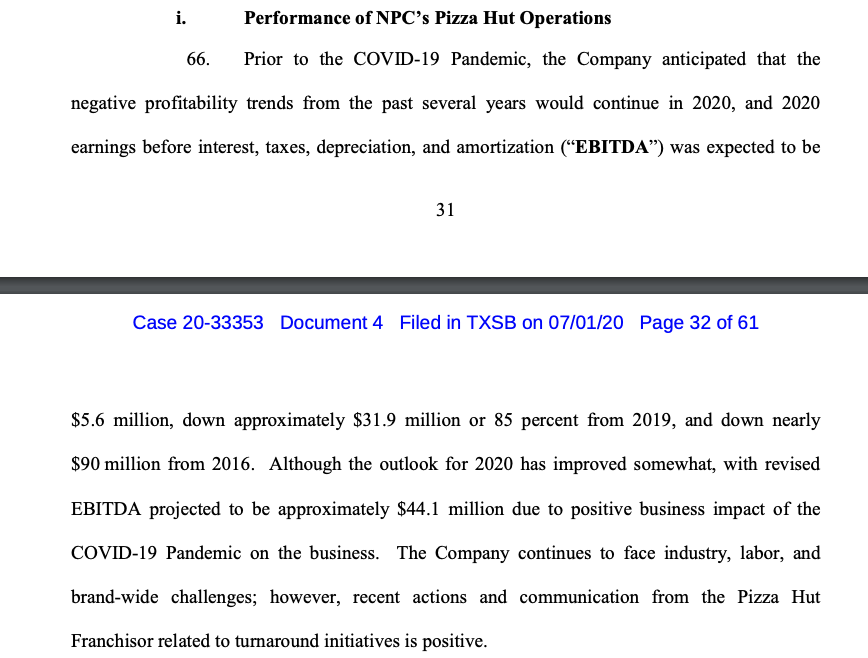 Pizza is SO HOT right now that people have even started ordering from PIZZA HUT of all places. Here's the biggest PHUT franchisee admitting in a bankruptcy filing that its 2020 Pizza Hut EBITDA was unexpectedly 8 TIMES its forecast. (They're bankrupt anyway, bc private equity.)