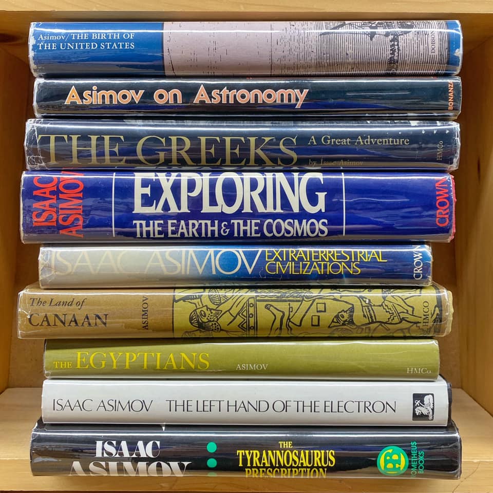 AtticBooksCA's tweet photo. Here is a peek at some of the Asimov titles that just came in, fiction & non-fiction.
Fun factoid: Asimov was so prolific that his books span all major categories of the Dewey Decimal Classification except for category 100, philosophy and psychology. Yay! #booklore https://t.co/ZyQUkGSzmo