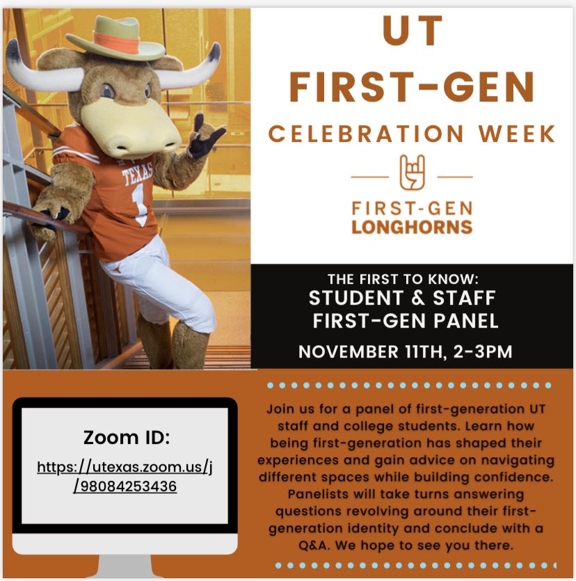 UT_VickCenter's tweet image. Get to know UGS #firstgenlonghorns alumni and students tomorrow!! You don’t want to miss this event!!