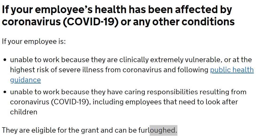 MartinSLewis's tweet photo. IMPORTANT.  Many who are shielding due to clinical vulnerability or caring for those with clinical conditions ask me if they can be furloughed.  The answer is yes (at employers discretion).  And now the govt has produced the guidance, here it is.

Feel free to share. https://t.co/JQ9KaVUzTe