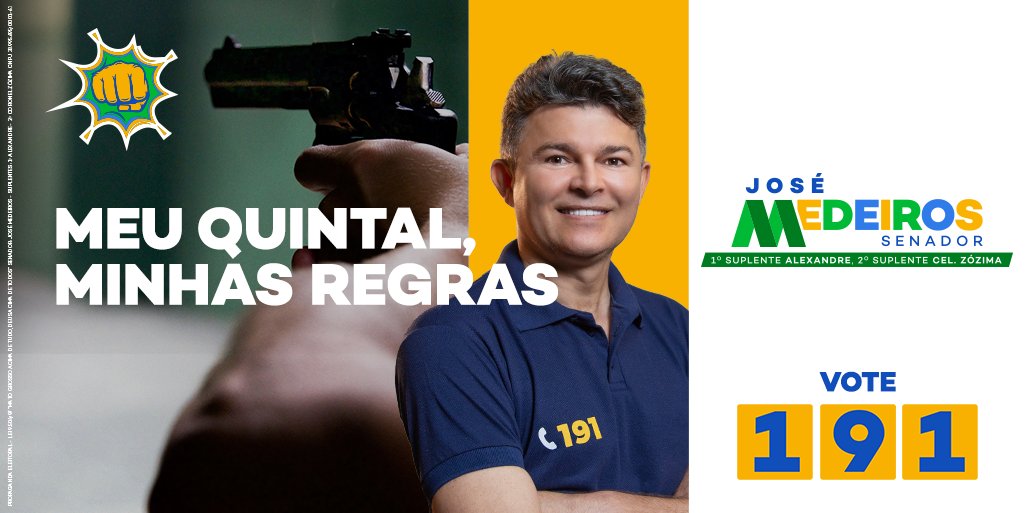 JoseMedeirosMT's tweet photo. Uma de minhas propostas é fortalecer o projeto "Meu Quintal, Minhas Regras", que resguarda o direito do cidadão atirar contra o bandido que invade a sua casa, para defender a si mesmo ou à sua família. Dia 15, VOTE 191. 🇧🇷👊🏻
#SenadorDeDireitaMT #Vote191 https://t.co/gjmMIUdrWI