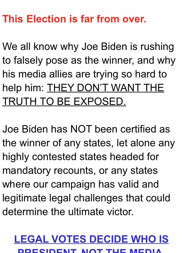 Just been looking through the emails I got from the Trump campaign in the last day and they are seriously unhinged. Make no mistake about it - this is an attempted coup. Here is a selection: