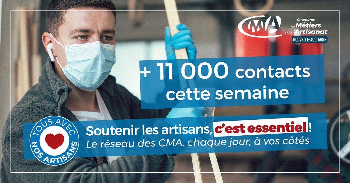 CMA_NAquitaine's tweet photo. 11 000 !  C’est le nombre d’entreprises artisanales accompagnées cette semaine par les #CMA de @NvelleAquitaine Plus que jamais, les #artisans sont notre priorité absolue. Soutenir les #artisans, c’est essentiel ! #tousavecnosartisans 

https://t.co/9FPwGtX9Tt https://t.co/S9J5K78WYh