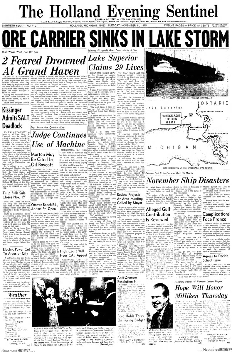 LibraryofMich's tweet photo. Front page of the November 11, 1975 @HollandSentinel. Today marks the 45th anniversary of the SS Edmund Fitzgerald sinking in a storm in Lake Superior. https://t.co/9xtbpIKDjM https://t.co/xk12JhDjeZ