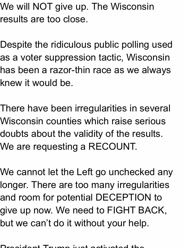 Just been looking through the emails I got from the Trump campaign in the last day and they are seriously unhinged. Make no mistake about it - this is an attempted coup. Here is a selection: