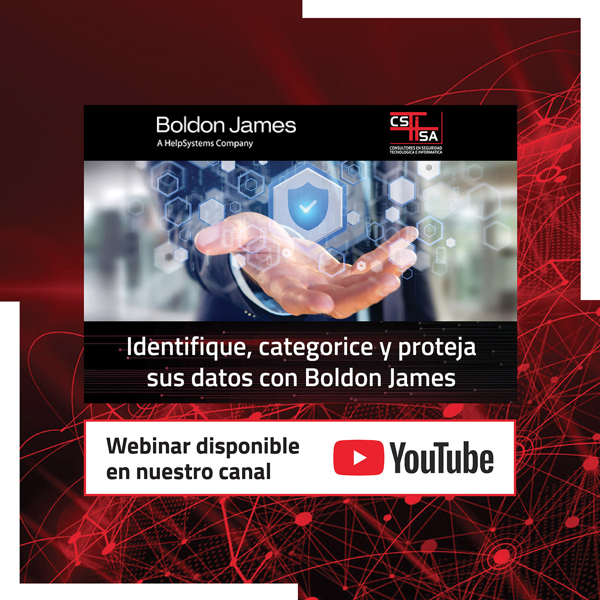 CSTISA's tweet photo. Ya está disponible la grabación del #webinar Identifique, Categorice y Proteja sus datos con Boldon James.

Visita nuestro canal de YouTube para más soluciones.

🎬 https://t.co/HHes51YWm9 

#cstisa #boldonjames #datos #seguridad https://t.co/p40c5pZje2