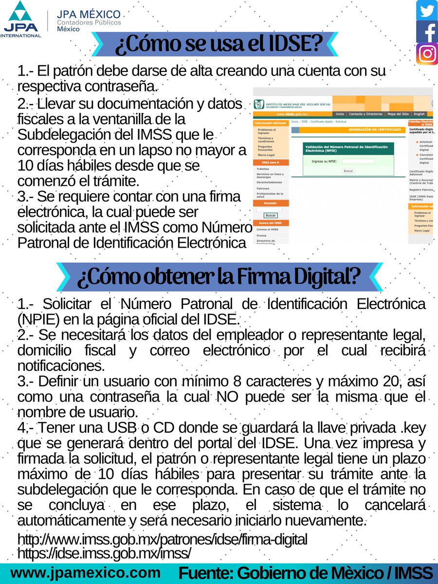 jpa_mexico's tweet photo. ¿Qué es el IDSE?
El IMSS Desde Su Empresa, o por sus siglas IDSE, es un servicio con el cual los patrones o las empresas pueden realizar trámites electrónicos en línea ante el IMSS.
https://t.co/RdnqfewyUO
https://t.co/fDF5WPaFw9
#JPAMexico #Contadorespublicos #IDSE #IMSS https://t.co/5l9FkC7wAX