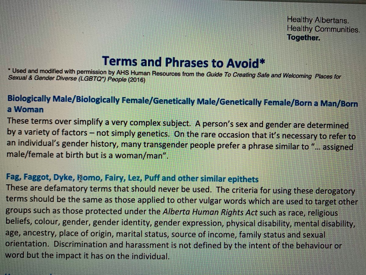 22./ Ahem. Even to use the world 'biologically' or 'genetically' can be a thought crime. Here's the Canadian Province of Alberta in official health advice suggesting we should avoid terms like biologically male or female, or even "born a woman".