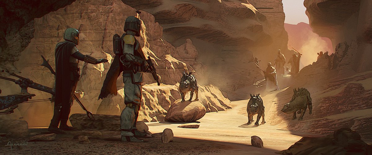 themandalorian's tweet image. Take a look back at the official concept art from Chapter 9 of #TheMandalorian and catch up on the first two episodes of the new season, now streaming on #DisneyPlus. Art by @CAlzmann. (1/3)