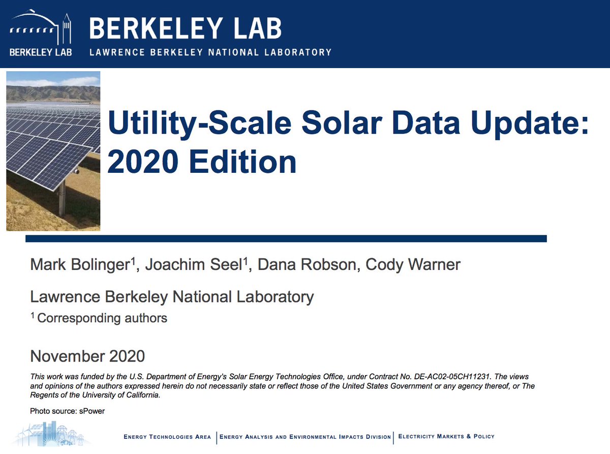 The new  @BerkeleyLab compilation of utility-scale  #solar data and trends is out! A briefing slide deck, data file, maps, and data visualizations can all be found at  http://utilityscalesolar.lbl.gov .  Here are some highlights → THREAD