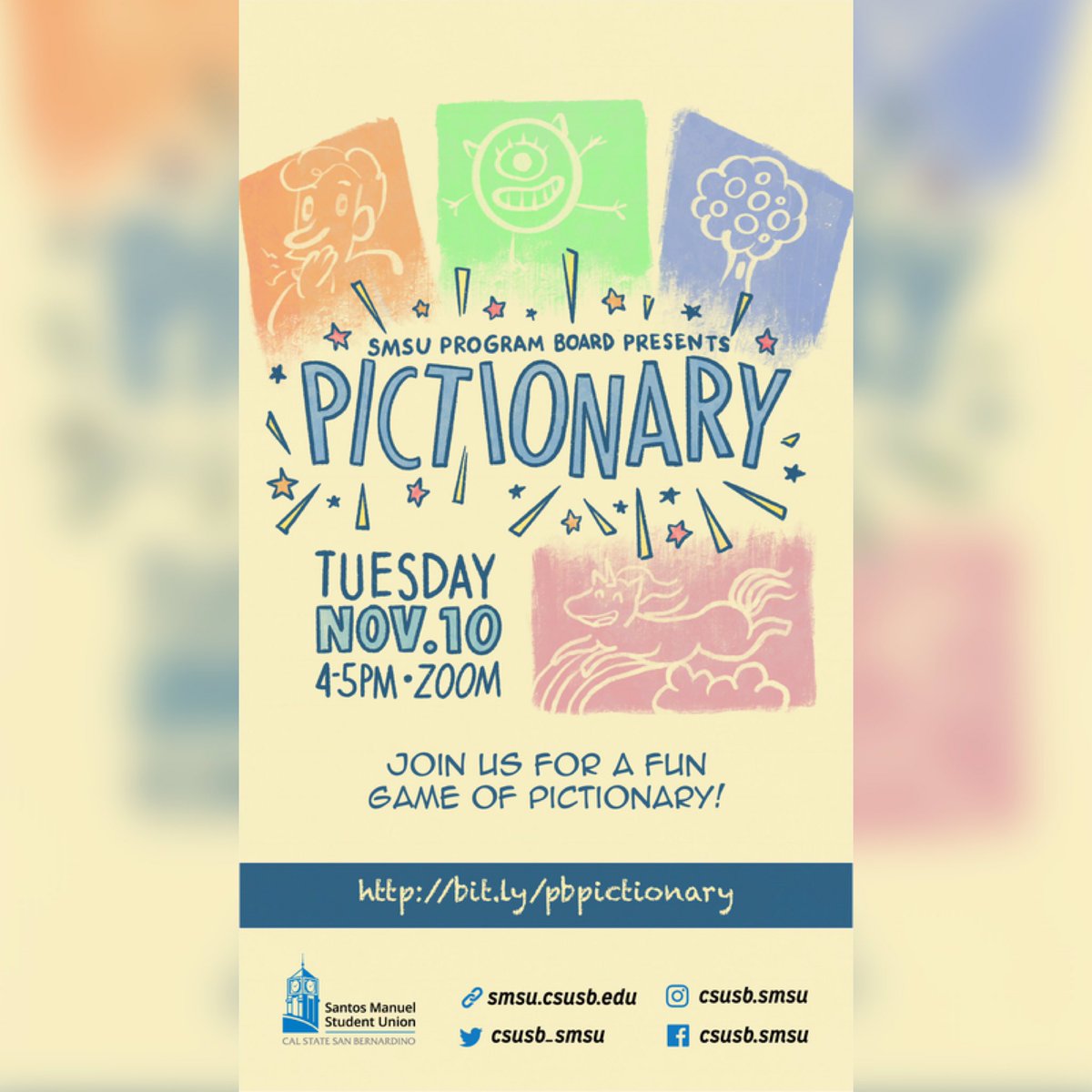 SBProgramBoard's tweet photo. Pictionary starts in 20 minutes! Use the link below to join the game! https://t.co/A49ObHVcCS