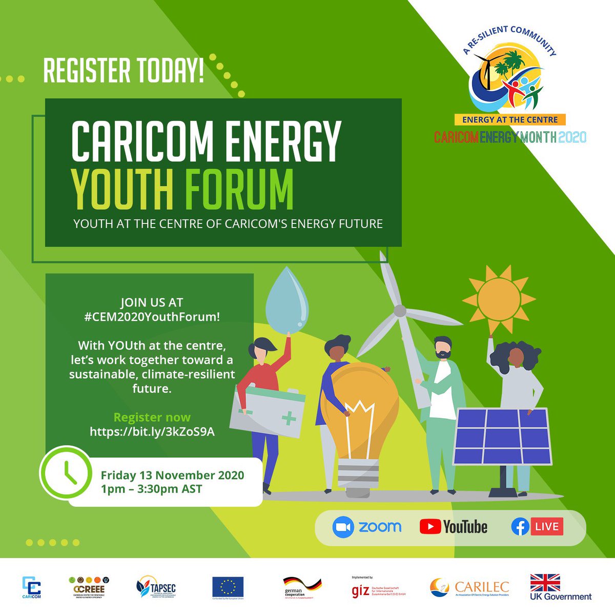 UKinCaribbean's tweet photo. REGISTER TODAY 👇🏽
Learn more about @COP26 & get all the details on the @EarthshotPrize - all while hearing from the inspiring youth of the #Caribbean!
We’re ready to talk #cleanenergy!
Friday 13 November | 1pm – 3:30pm
👉 https://t.co/fFVZrMhrl4
#CEM2020 #CEMYOUth https://t.co/O5ILyGp59s