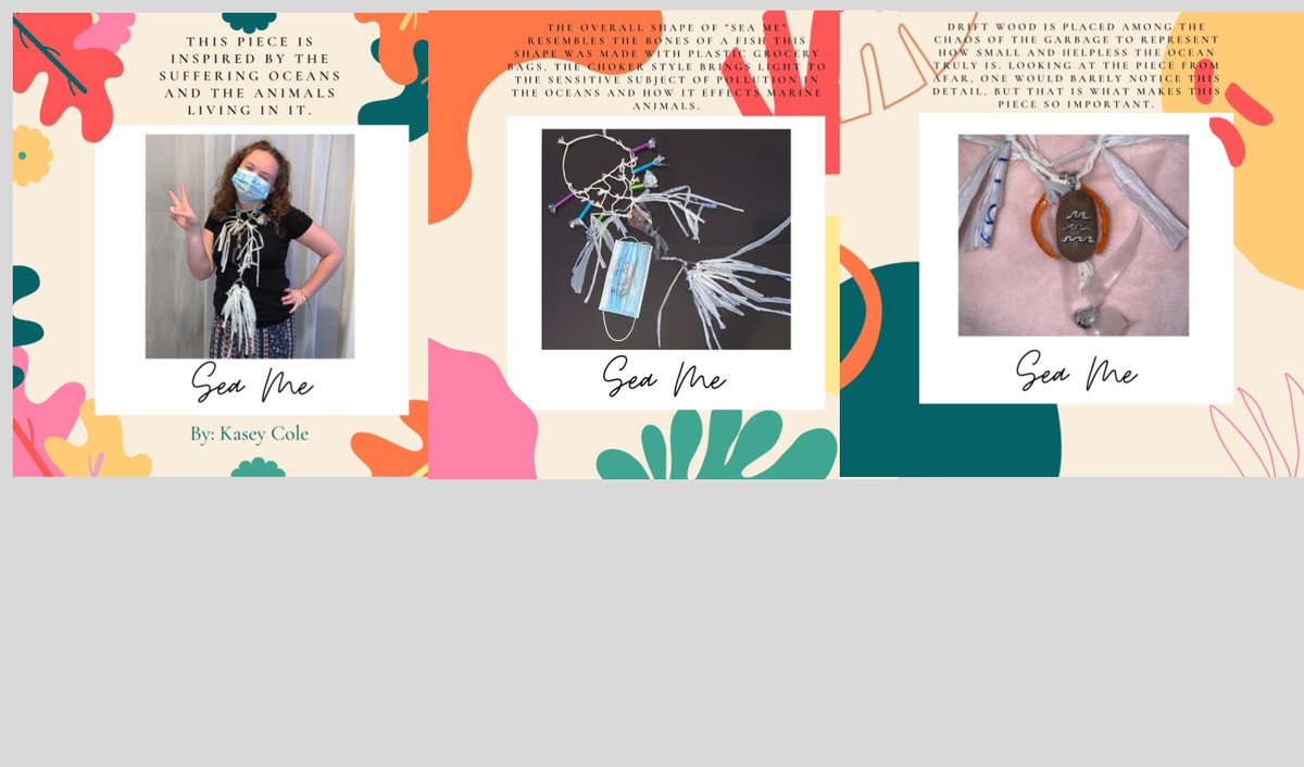 Q2: Students have used materials around their home to make art in unique an innovative ways. These are some found object sculptures and found object inspirational pieces of jewelry. #PMEchat