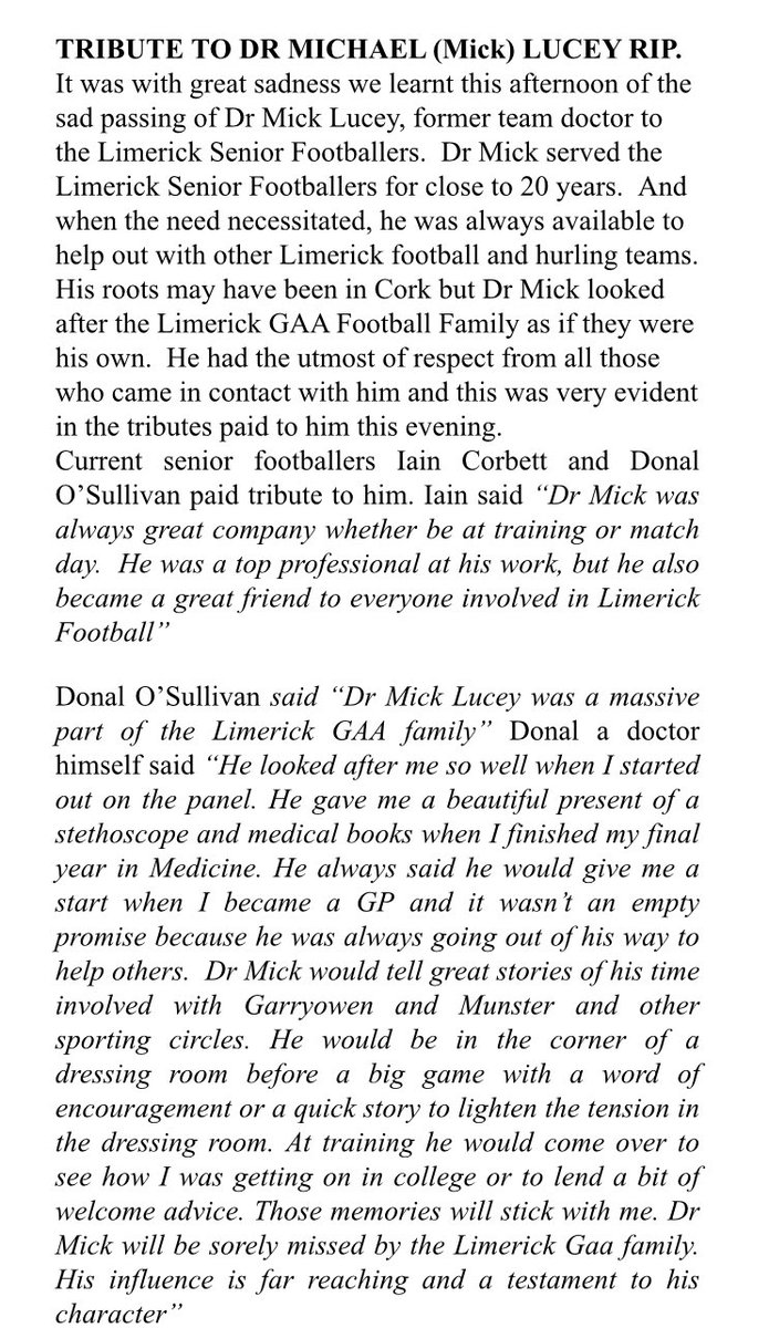 LmkFootballers's tweet photo. A Tribute to the late Dr Michael (Mick) Lucey. Rest peacefully Mick https://t.co/pZ0jGm41lP