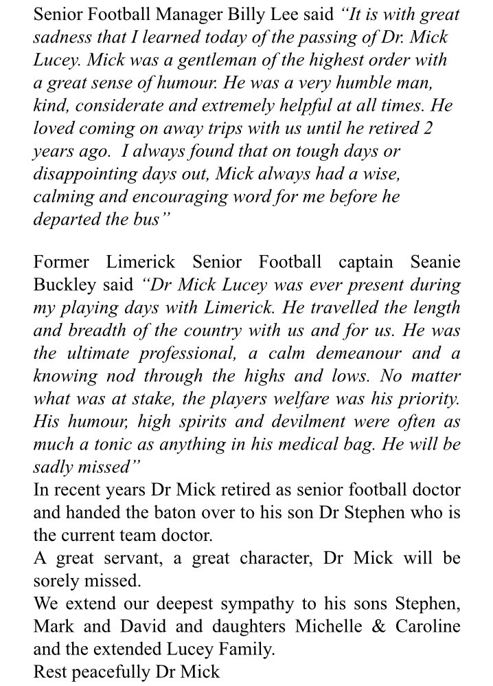 LmkFootballers's tweet photo. A Tribute to the late Dr Michael (Mick) Lucey. Rest peacefully Mick https://t.co/pZ0jGm41lP