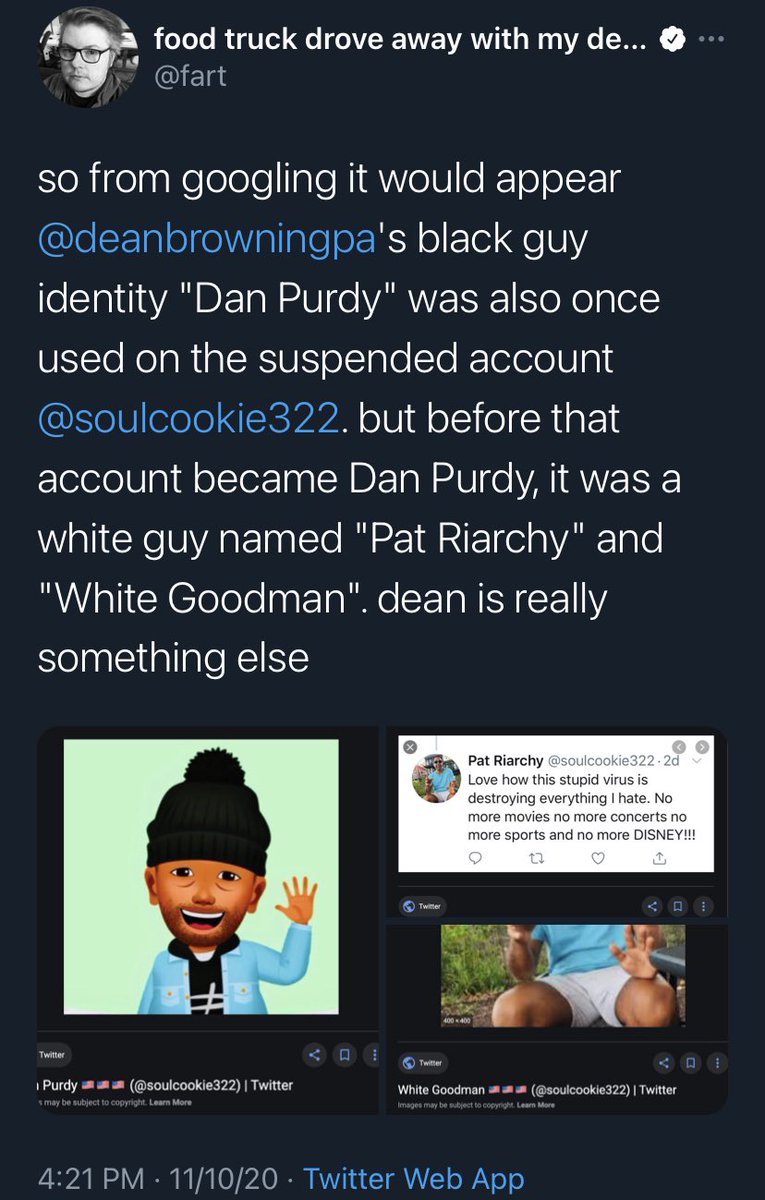 a deeper dive into “dan purdy” reveals it used to be a different alternate accounts used by dean (allegedly) to argue nastier points than he would prefer to make on his main account with his real name