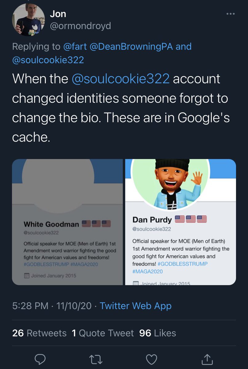 a deeper dive into “dan purdy” reveals it used to be a different alternate accounts used by dean (allegedly) to argue nastier points than he would prefer to make on his main account with his real name
