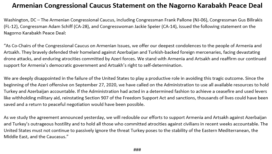 FrankPallone's tweet photo. My colleagues and I on the Congressional Caucus on Armenian Issues released the following statement regarding the Nagorno-Karabakh peace deal.
https://t.co/k8AOqg27jK https://t.co/T3YqwqcefR