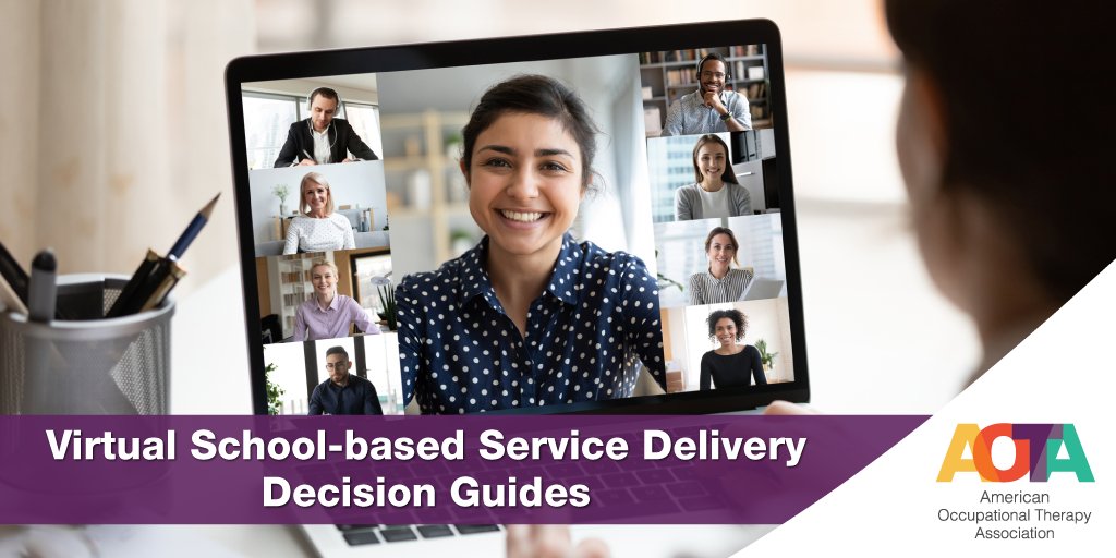 AOTAInc's tweet photo. Are you an #occupationaltherapist working virtually in a school setting? In this #AOTADecisionGuide we share best practices OT practitioners should consider when collaborating with team members during virtual OT service delivery. https://t.co/yKjmSg5EuB https://t.co/BRUttJ80WC