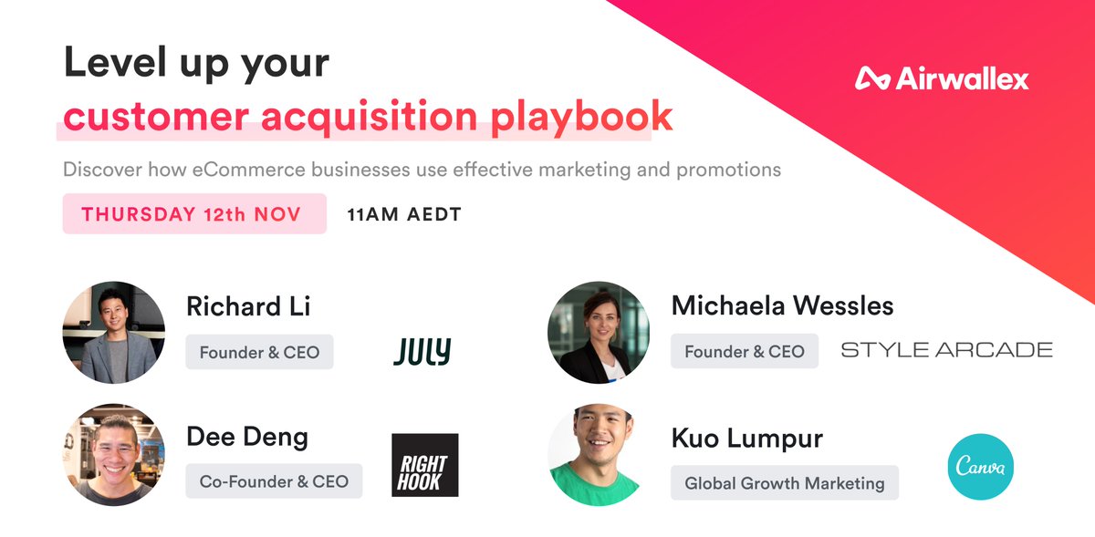 Don't miss the next instalment of our Grow Without Borders #eCommerce Series at 11am AEDT tomorrow 📢

Discover how leading #retailers <a href="/canva/">Canva</a> <a href="/stylearcade/">Style Arcade</a> <a href="/July/">July</a> &amp; Right Hook use marketing &amp; promos for customer acquisition 🎯 

Register your free seat here bit.ly/3iXkbeD