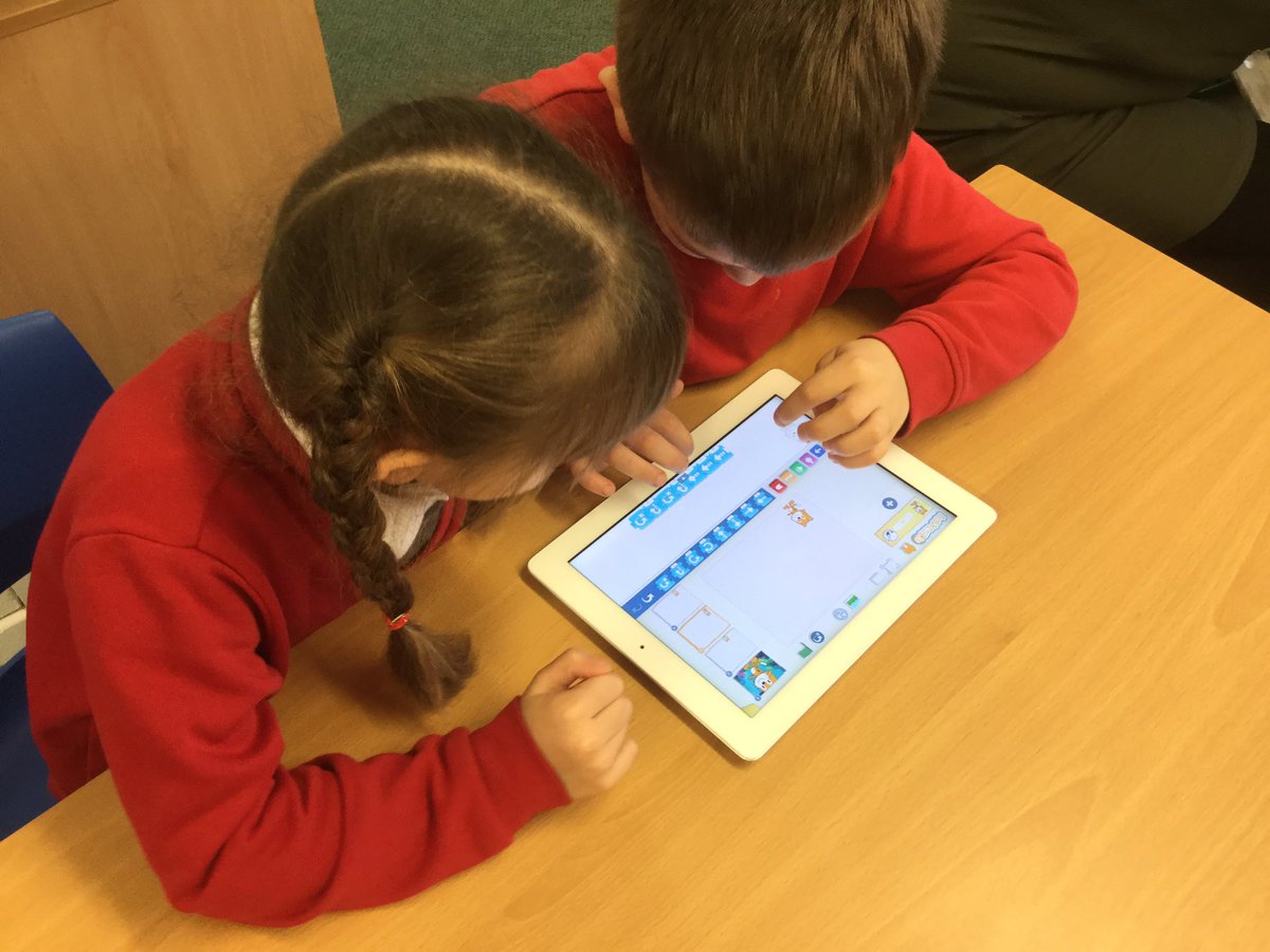MD_Class2's tweet photo. Class 2 used their learning skills of teamwork, communication and problem solving, effectively during computing today. Using Scratch Junior, each pair of children successfully programmed the iPad to make a character move on the screen. #MDComputing @MD_MrsThompson @MillDamSchool https://t.co/lqLb7aVDMM