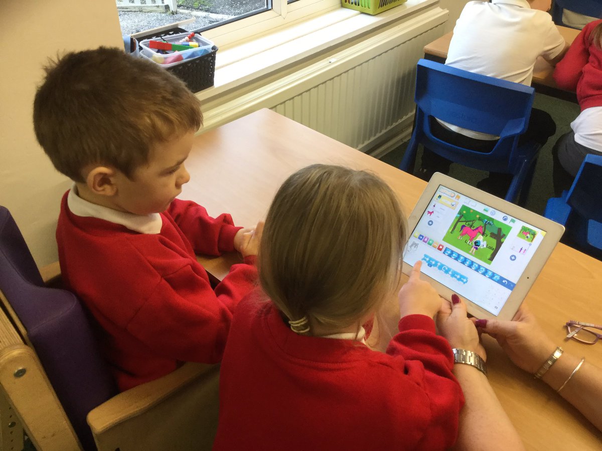 MD_Class2's tweet photo. Class 2 used their learning skills of teamwork, communication and problem solving, effectively during computing today. Using Scratch Junior, each pair of children successfully programmed the iPad to make a character move on the screen. #MDComputing @MD_MrsThompson @MillDamSchool https://t.co/lqLb7aVDMM