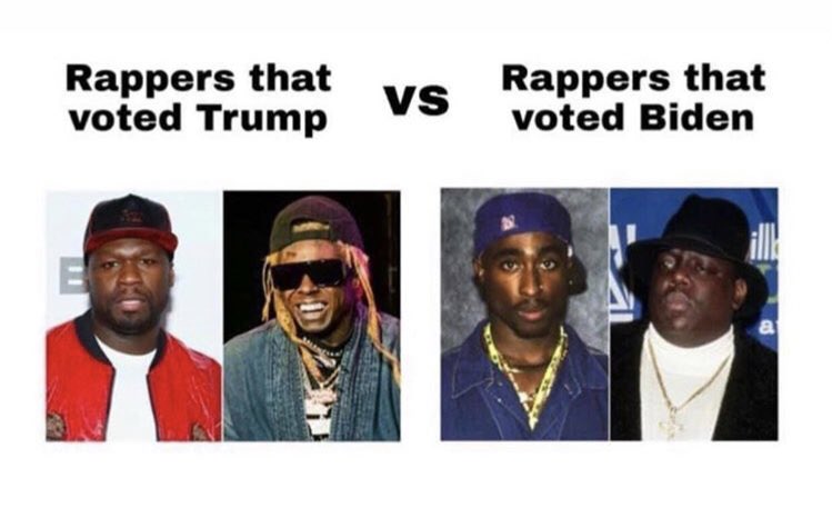 GeorgiaLogCabin's tweet photo. Rappers who voted Trump vs. rappers who voted Biden... https://t.co/GfscagBLg7