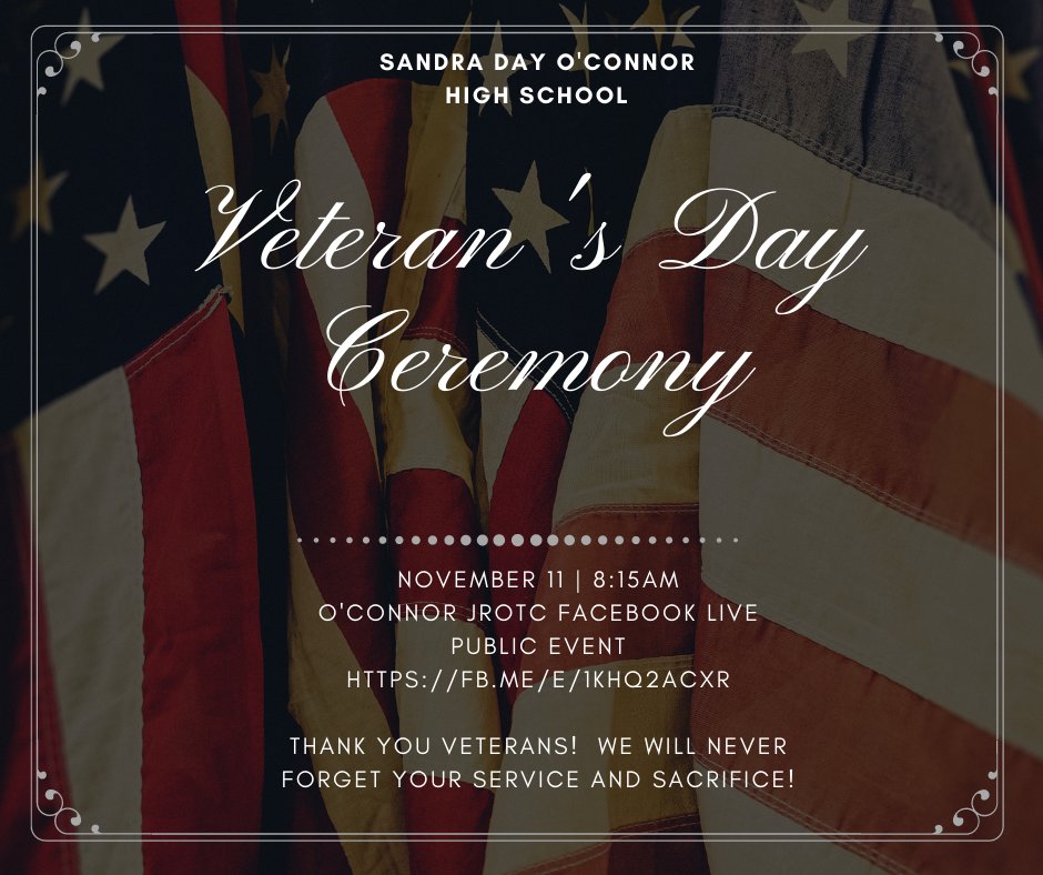 O'Connor High School (@nisdoconnorhs) on Twitter photo #OCFamily - We may not be able to gather in person, but everyone is invited to join us tomorrow at 8:15 a.m. to honor those who have served our Country with a Virtual Veteran's Day Ceremony on Facebook Live. #ThankyouforyourService #OCFamily - We may not be able to gather in person, but everyone is invited to join us tomorrow at 8:15 a.m. to honor those who have served our Country with a Virtual Veteran's Day Ceremony on Facebook Live. #ThankyouforyourService