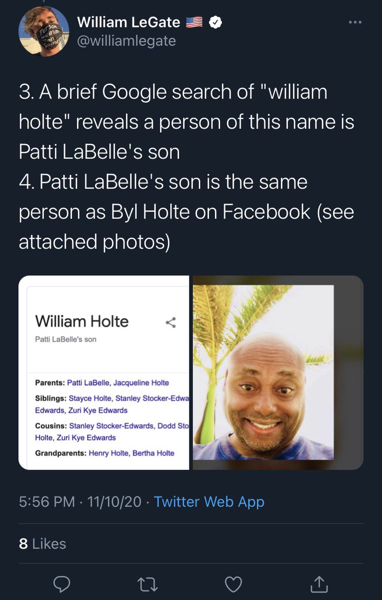 “Byl Holte” has a twitter account where he only follows singer of “lady marmalade” patti labelleand what is patti labelle’s son’s name? William Holte