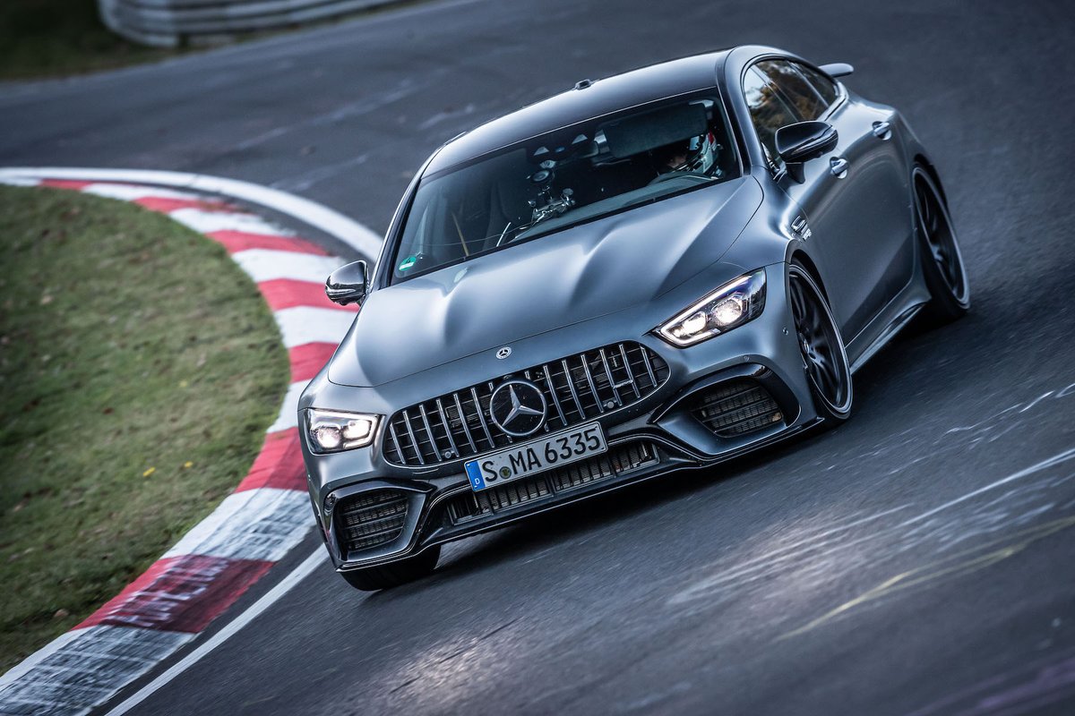 MercedesAMG's tweet photo. [Kraftstoffverbrauch kombiniert: 12,5 l/100 km | CO₂-Emissionen kombiniert: 286 g/km | https://t.co/N3yzMZ6mJd]

RECORD SETTING: the Mercedes-AMG GT 63 S 4MATIC+ is again the fastest Executive Class vehicle on the Nürburgring Nordschleife! 👉https://t.co/TIpJzDoibF https://t.co/iASOCWdKR7