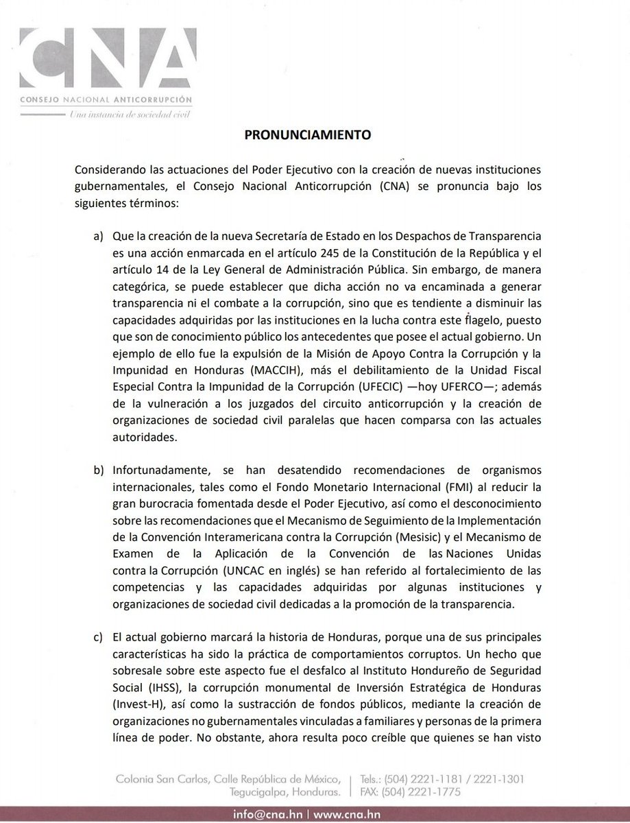 cnahonduras's tweet photo. #URGENTE l El CNA ante la creación de la Secretaria de Estado en los Despachos de Transparencia, se pronuncia en los siguientes términos:

#SoloElPuebloSalvaAlPueblo https://t.co/gBkZpi8hEW