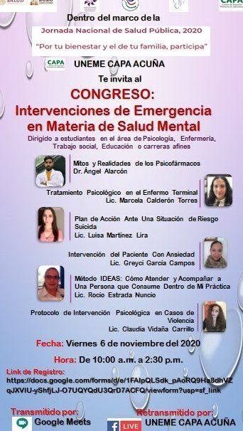 RositaCapa's tweet photo. CONGRESO: Intervenciones de Emergencia en Materia de Salud Mental. 06-11-20.
Lic. Rocío Estrada. Dra. Angel Alarcón. Lic. Greyci García.
#SaludMental
@ceca_coahuila @CapasCoahuila @CONADICmx @zabicky @psiquijada @Psiquiatria_SAP @D_Videgaray @drabores @DraEvalinda https://t.co/WJ3VwAND3T