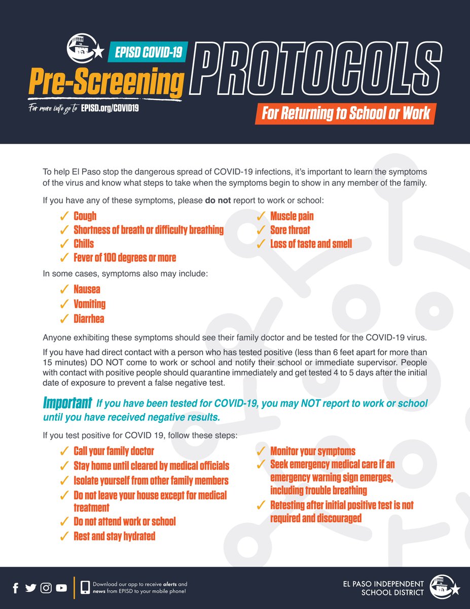 Stopping the spread of COVID-19 is all of our responsibility. As students, parents and employees of EPISD, it's important to know the protocols when feeling sick and getting tested. Take a moment to learn the rules and follow them in order to get us back on track. #IamEPISD