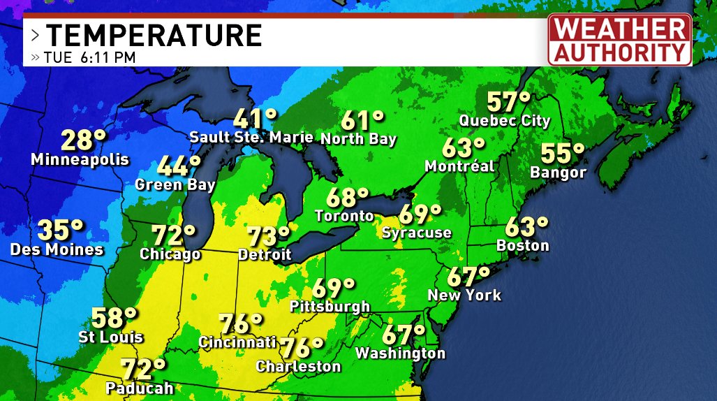 CNYCentral's tweet image. COLD FRONT. 6PM Temperatures. Pretty easy to see where the front is, and its heading east. #changesahead