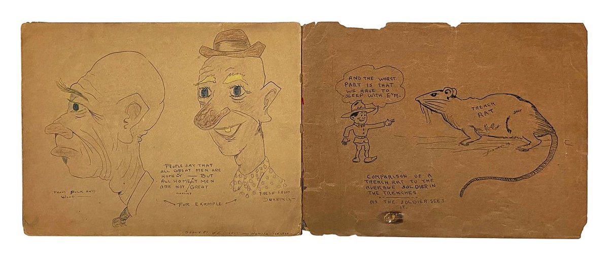 ToonVintage's tweet photo. Walt Disney's sketchbook — drawn while he was 17/18 years old and serving in World War I. The sketchbook contains some of Disney's earliest-known surviving drawings. https://t.co/SfROXaDO3A