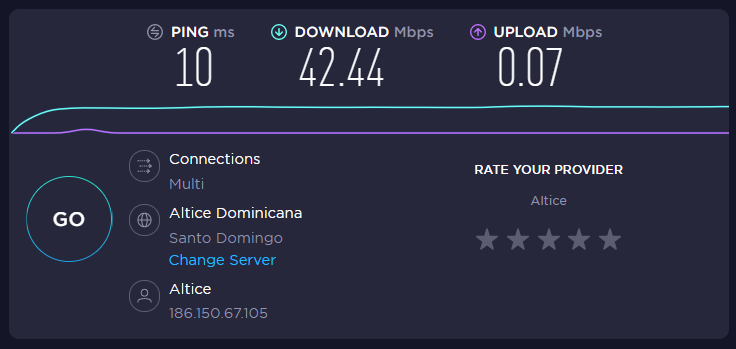 HamletDisla's tweet photo. @altice_do @SomosAlticeDo @altice_labs @AlticeUSA 
Ya vamos para 1 mes con el mismo problema y Altice no resuelve. todos los dias despues de las 6:00PM mi upload speed se degrada a menos de 0.10 Mbps. https://t.co/fkcjVsMaV6