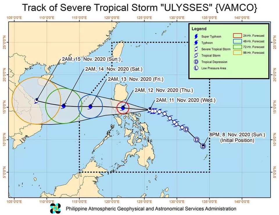 1Enrile's tweet photo. SEVERE WEATHER BULLETIN #11 SEVERE TROPICAL STORM #UlyssesPH
TROPICAL CYCLONE:WARNING
ISSUED AT 5:00 AM,11/11/20
(Valid for broadcast until the next bulletin to be issued at 8 AM today)
SEVERE TROPICAL STORM "ULYSSES" SLOWS DOWN OVER THE PHILIPPINE SEA WHILE MAINTAINING STRENGTH https://t.co/pZ3utyFjxS