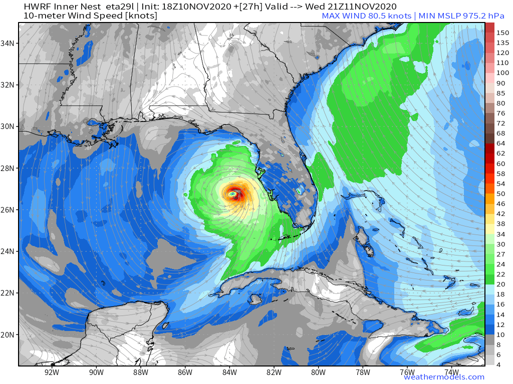 tropicalupdate's tweet photo. Models shifting east and getting closer to the Florida west coast. Timing here late tomorrow night from the latest HWRF. Maybe close enough for Warnings to be posted tonight. Some weakening expected as it treks north... but stronger before. Lots to watch. New NHC track at 10pm. https://t.co/Z7o6MAaJro