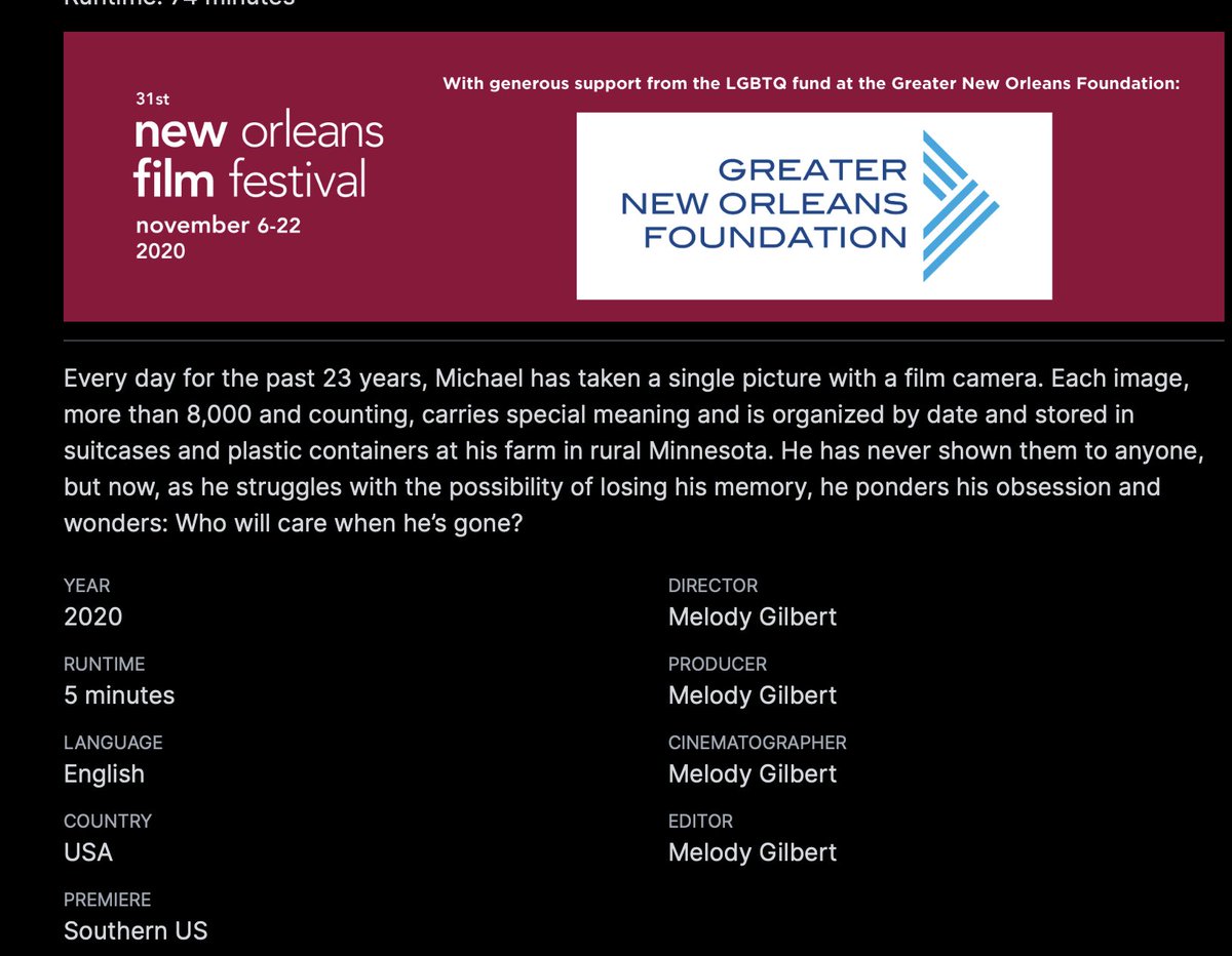 melodyMN's tweet photo. In non-election news...my short doc VIEWFINDER screening in the New Orleans Film Festival 2020! Featuring a man who has taken a single photo a day on FILM for the past 23 years! Doc Shorts #3 @NOFS  @SuperStarPR_MD Tix: https://t.co/oUnjrO5wIi https://t.co/y8GI2NjKTq