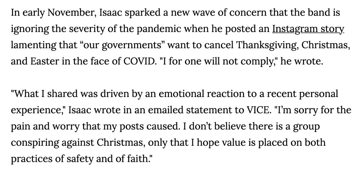 Last week, Isaac posted an Insta story that seemed to imply Covid was a hoax to cancel Christmas. Now, he tells VICE, "I don’t believe there is a group conspiring against Christmas, only that I hope value is placed on both practices of safety & of faith."  https://www.vice.com/en/article/m7aep4/hanson-is-facing-a-mutiny-from-its-own-fans