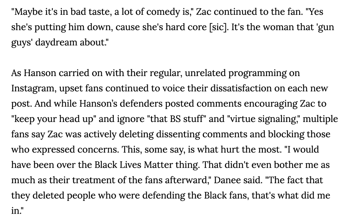 In an emailed statement to VICE for this story, Zac wrote, "The leaked Pinterest page provided a distorted view of the issues surrounding race and social justice, which do not reflect my personal beliefs. I apologize for the hurt my actions caused."  https://www.vice.com/en/article/m7aep4/hanson-is-facing-a-mutiny-from-its-own-fans