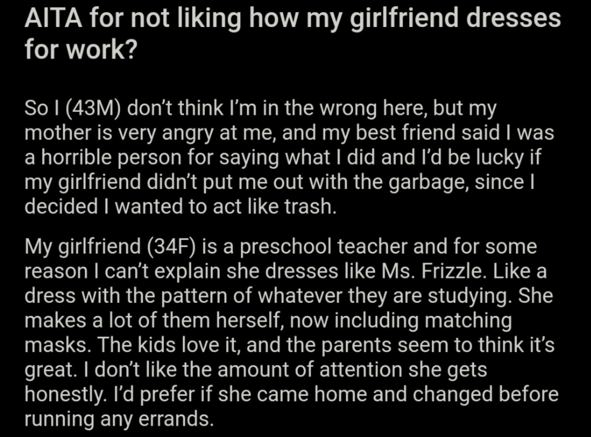 AITA_online's tweet image. AITA for not liking how my girlfriend dresses for work?  bit.ly/38xnUOu