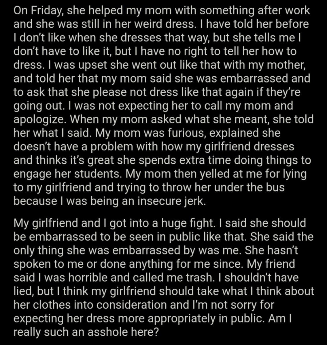 AITA_online's tweet image. AITA for not liking how my girlfriend dresses for work?  bit.ly/38xnUOu