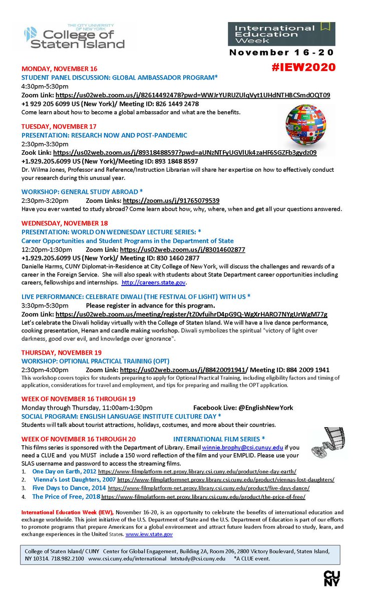 CenterIntl's tweet photo. International Education Week Starts Next Monday! Check out all the exciting events taking place throughout the week!
#cuny #cunyglobal #cunyabroad #YouAreWelcomeHere #CSIStudentLife #csidolphins #WOW #IEW #IntlEd #HigherEd #IntlStudents #PBD #englishinnewyork #ELI https://t.co/3vFPfWeWQS
