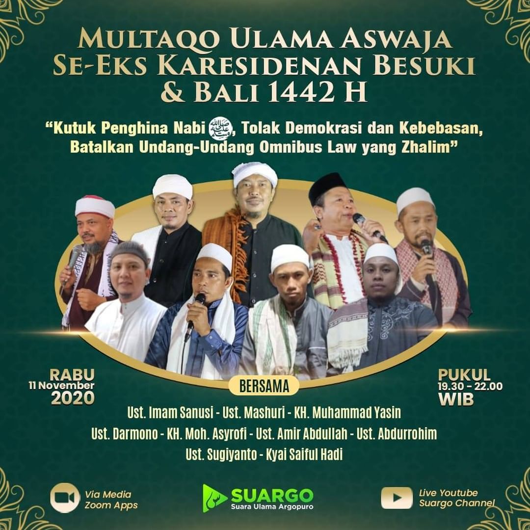 ZmlYusuf's tweet photo. *MULTAQO ULAMA ASWAJA SE-EKS KARESIDENAN BESUKI - BALI 1442 H*

*"Kutuk Penghina Nabi ﷺ, Tolak Demokrasi dan Kebebasan, Batalkan Undang-Undang Omnibus Law yang Zhalim"*

Islam mewajibkan dakwah menyeru kepada kebaikan dan amar ma’ruf nahi munkar, Ulama juga mempunyai tugas m https://t.co/05eeTtrvX8