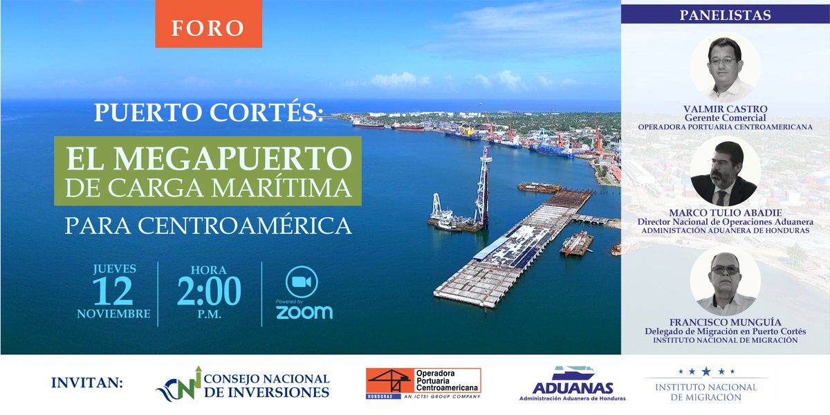 CancilleriaHN's tweet photo. El #CNI les invita a participar en importante foro junto a @OPC , @AduanasHonduras y @MigracionHND  donde se hablarán sobre los procesos y beneficios del Megapuerto de #PuertoCortés para el traslado de mercancías hacia #Honduras y la región.
⬇️⬇️
https://t.co/1uXLwwJRRa https://t.co/I1RSaEeuQu