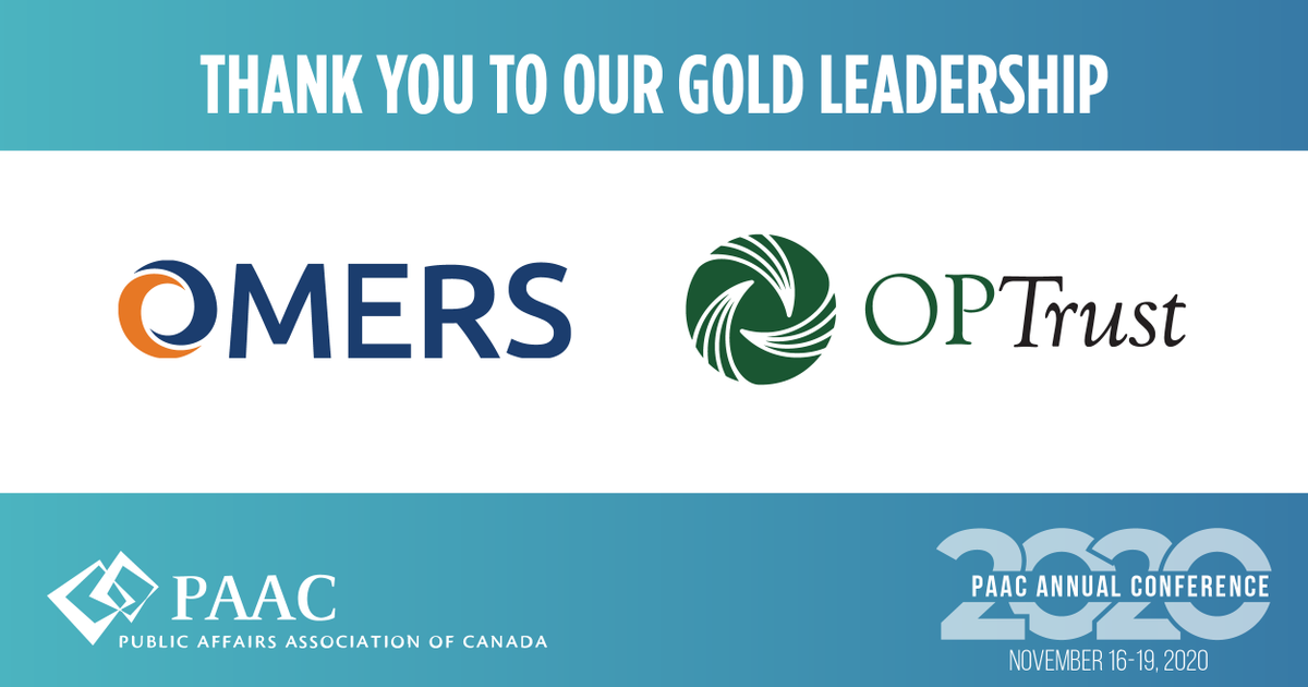 Enormous thanks to our incredible #Gold Leadership Partners OMERS Infrastructure and <a href="/OPTrust/">OPTrust</a>! We are incredibly grateful for all your support at our upcoming #PAAC2020 National Conference! You can still get your ticket: bit.ly/2FV5prg #publicaffairs #cdnpoli #national