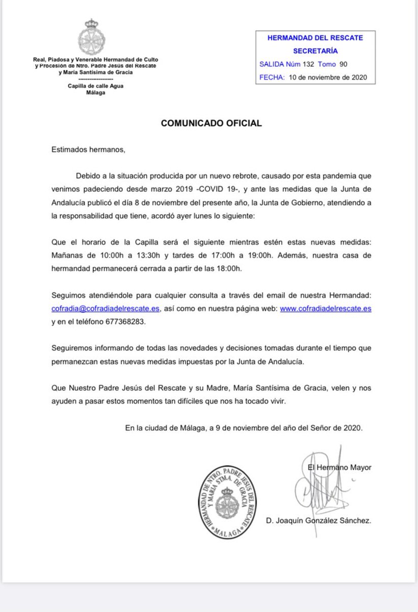 HdadRescate's tweet photo. OFICIAL. Informamos una serie de modificaciones en cuanto a los horarios de capilla y atención en la casa hermandad de acuerdo con las restricciones sanitarias causadas por el COVID-19 #CofradíasMLG @MesaRescate @SubmarinoGracia https://t.co/zECytjhE6u